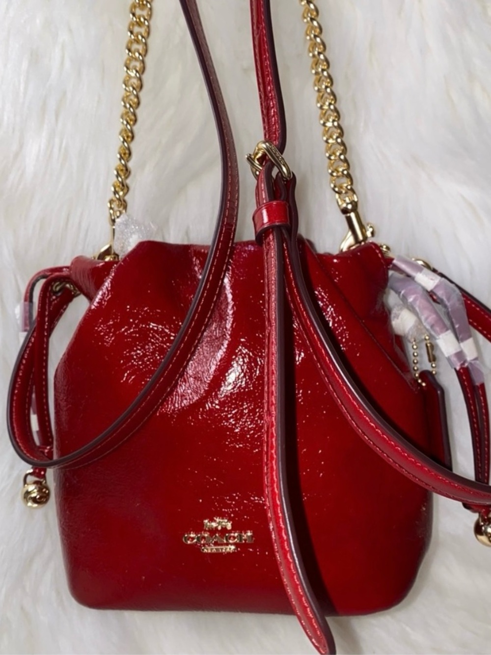 Coach Faye Mini Red Patent Leather Drawstring Bucket Bag